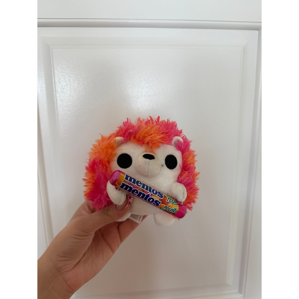 Mentos Hedgehog Plush Stuffed Animal Pink Orange Shaggy Hair Holding‎ Candy Toy